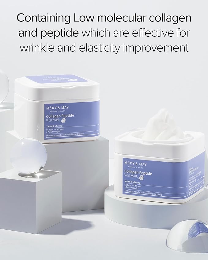 Mary&May Collagen Peptide Vital Mask | 30 Sheets | Daily Korean Face Mask | Firming & Wrinkle Care | Pore Minimizing & Elasticity Boost | Collagen & 6 Peptides for Glass Skin
