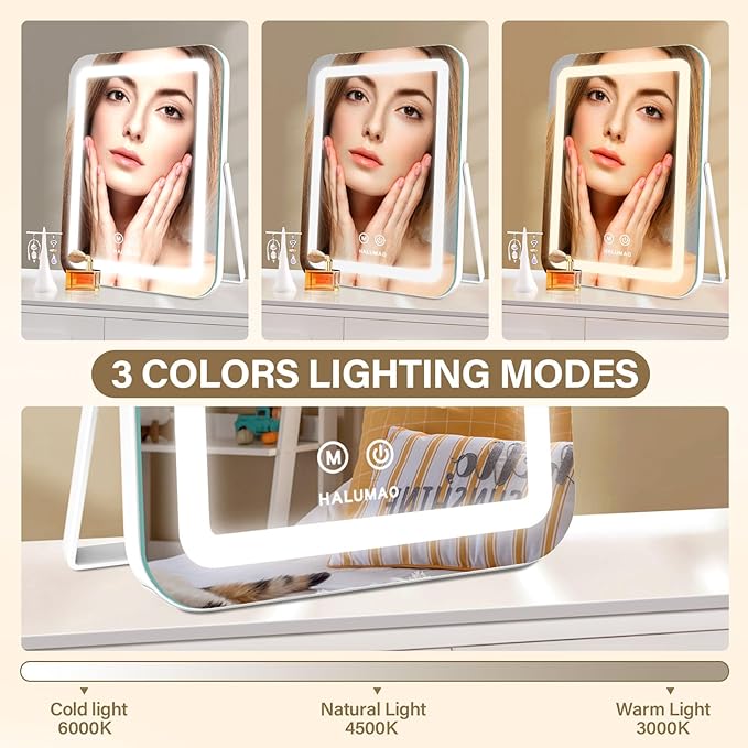 14.5" Rechargeable Vanity Mirror with Lights, 3500 mAh Lighted Makeup Mirror, Smart Touch 3 Colors Dimmable, Tabletop Mirror for Makeup Desk, Memory Function
