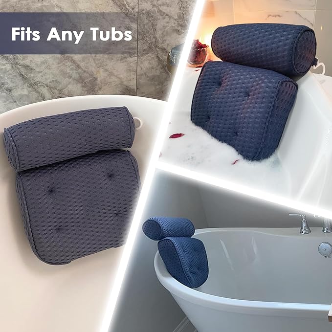 AEROiVi Luxury Bath Pillows for Tub，Bath Pillow Bathtub Pillows for Head and Neck Support Bath Cushion Made from Soft Spacer Mesh Material with Suction Cups (Dark Blue)