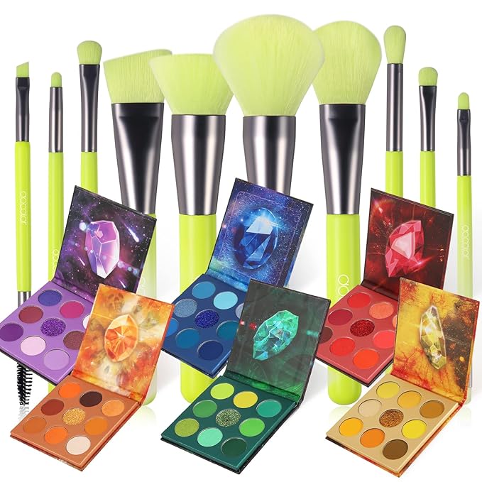 docolor 54Colors Gemstone Eeyshadow Palette +10Piece Neon Green Makeup Brushes Set Ultra Pigmented Matte Shimmer Metallic Natural Blendable Cream Powder Long Lasting Waterproof Make Up Eye Shadow