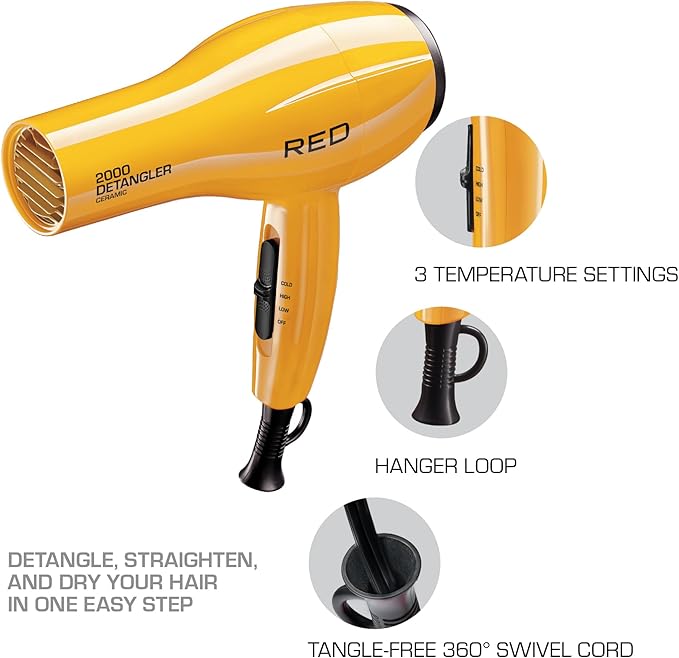 RED by KISS 2000 Ceramic Hair Dryer, Professional Salon Blow Dryer 3 Attachments Included, 2 Detangler Piks, 1 Air Concentrator (Yellow)