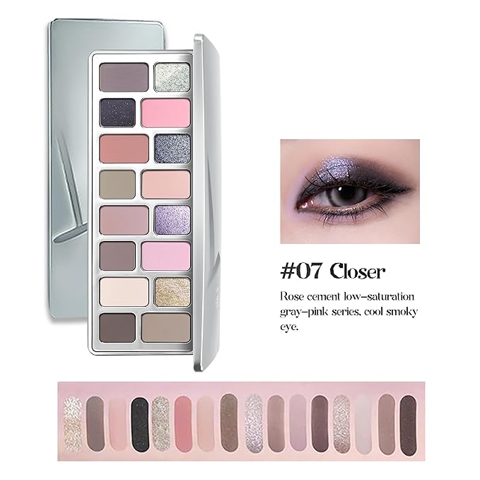 16-Color Eyeshadow Palette Natural Nude Matte & Shimmer Glitter Pigment Eye Shadow Palette-Pink Tones for Soft Smoky Eye Looks #07 Closer