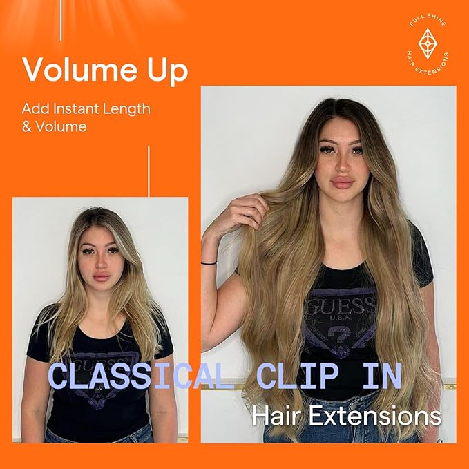 Full Shine Hair Extensions Clip ins Brown Balayage Human Hair Clip in Extensions for Long Hair Ombre Dark Brown to Light Brown Mix Caramel Blonde Remy Hair Extensions for Women 24 Inch 7 Pcs 120 G