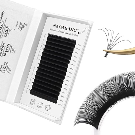 NAGARAKU Individual Eyelash Extensions, Luxury Collected Classic Single Lashes Upgraded 3rd Generation Soft Natural Beauty Salon Professional Lash Supplies 16 Rows Matte Black -0.07 C Curl 9mm