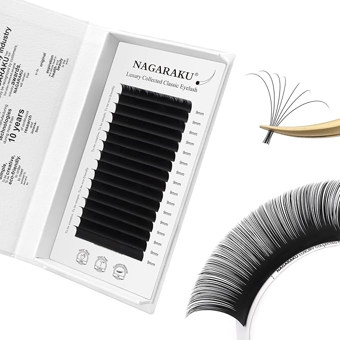 NAGARAKU Individual Eyelash Extensions, Luxury Collected Classic Single Lashes Upgraded 3rd Generation Soft Natural Beauty Salon Professional Lash Supplies 16 Rows Matte Black -0.10 C Curl 9mm