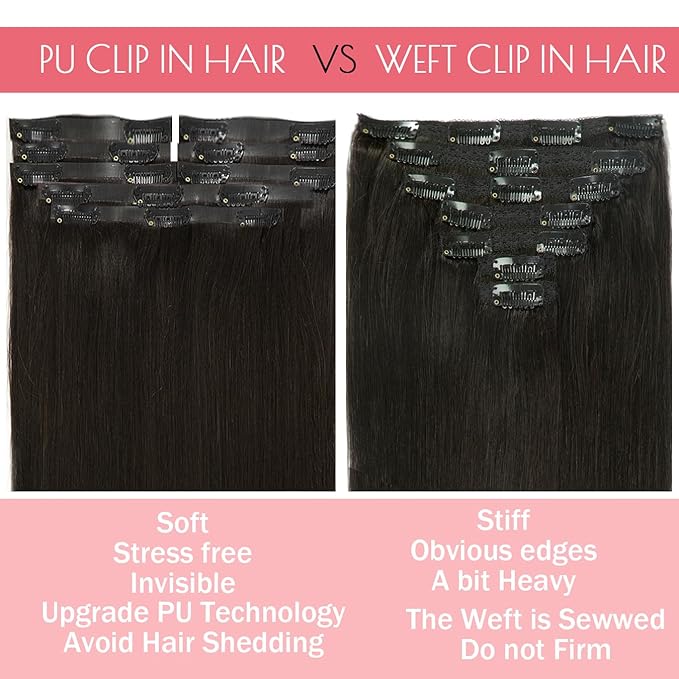 Loxxy Seamless Human Hair Clip-in Extensions Natural Black 16Inch 7Pcs 130g Real Human Hair Ultra Invisible PU Weft Silky Straight Seamless Hair Extensions