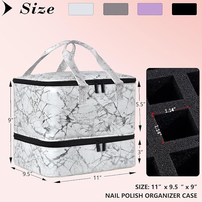 Nail Polish Organizer Case Holds 42+ Bottles(15ml/0.5 fl.oz) & Nail Lamp, Double-Layer Nail Polish Storage Organizer Case with Handle, Nail Kit Organizer and Storage Box for Nail Tech (WHITE)