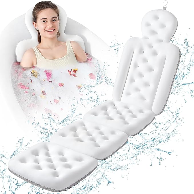 Luxury Bath Cushion, Full Body Bathtub Pillow with 230 Suction Cups, Bath Mat for Head and Neck Support, with Laundry Bag (White, 60.2" x 16.2")