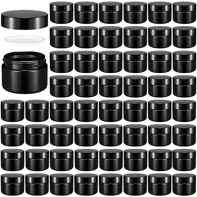 Domensi 60 Pcs 1oz Glass Jars with Lids Bulk Salve Tins Small Glass Candle Cosmetic Jars for Travel with Inner Liners Containers for Lotions Sample Cream(Black,Black Lid)