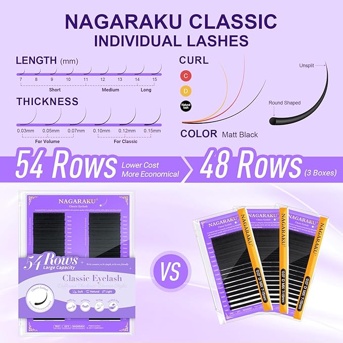 NAGARAKU Eyelash Extensions 0.15mm C Curl 7-15mm Mixed Length Individual Lashes Extensions Classic Matte Black 54 Rows Large Tray Soft Natural Professional Beauty Salon Lash Supplies
