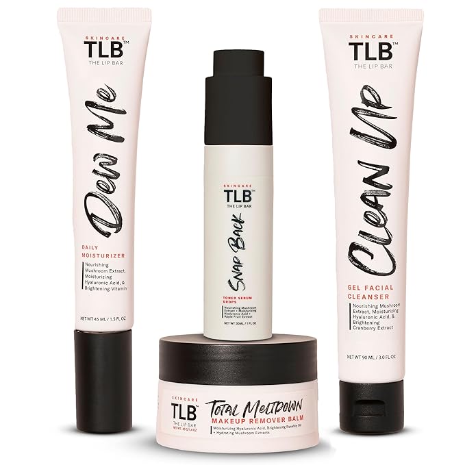 The Lip Bar Gentle Skincare Kit, with Hyaluronic Acid and Mushroom Extracts, to Nourish and Hydrate, Effective for all Skin Types, 4 Piece Set