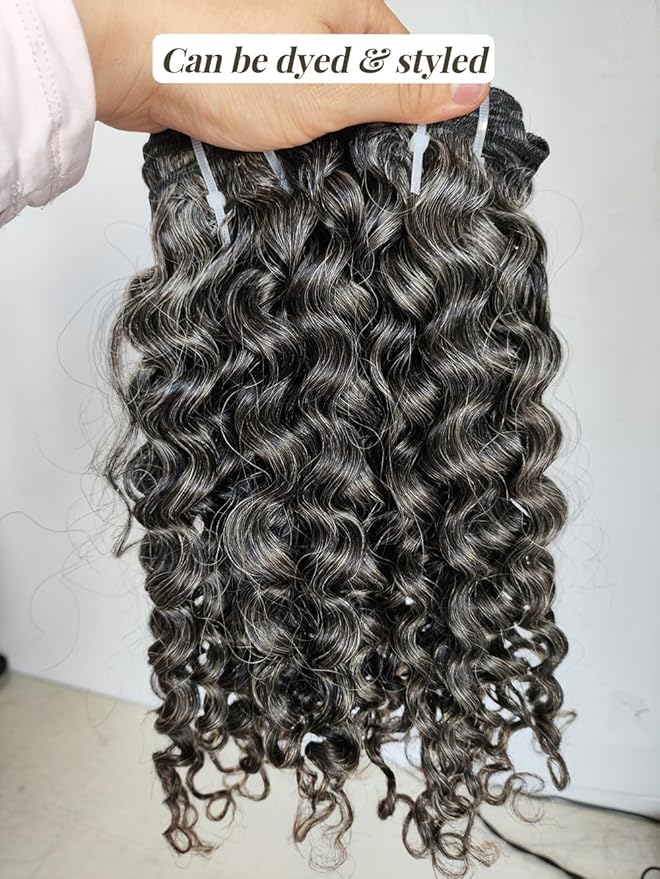 Curly Raw Human Hair Bundles Salt and Pepper Gray Jerry Curly Grey Raw Hair Bundles 50% Grey Mixed Black Color 14 Inches 2 Bundles Virgin Hair Weave Extensions Can be Dyed and Styled by Clytie