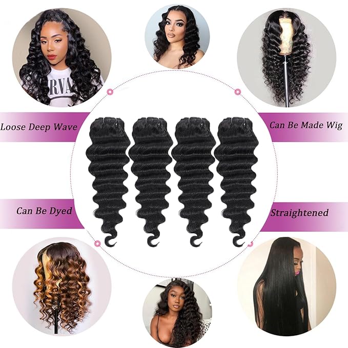 Loose Deep Wave 4 Bundles Human Hair 20 22 24 26 Inch 100% Unprocessed Raw Brazilian Wavy Hair Weave Virgin Bundles Natural Black Color for Women