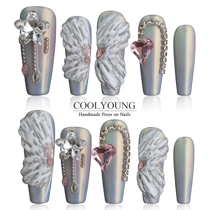 Handmade Press On Nails, Coffin Press On Nails, White Press On Nails, Press On Nails Rhinestone, Press On Acrylic Nails, Elegant Press On Nails, Women Gifts, COOLYOUNG Nails, 10 PCS, Size M