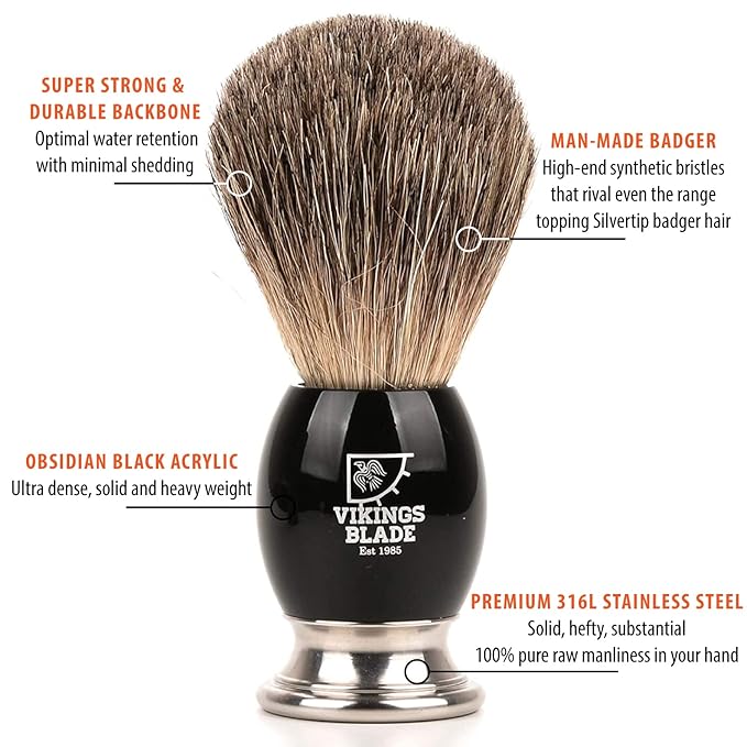 Luxury Shaving Brush for Men by VIKINGS BLADE, Ultra Heavy Acrylic & 316L Steel Handle, Super Strong Knot Backbone, Minimal Shedding, Fast Lather, Extremely Smooth & Plush on Skin (Dark Stallion)