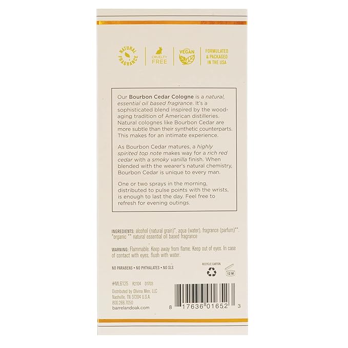 Barrel and Oak - Natural Fragrance, For Men, Eau de Cologne, Essential Oil-Based Scent, Cedarwood & Bourbon Aroma, Subtle Earthy Fragrance, Paraben Free, Vegan (Bourbon Cedar, 2.7 oz)