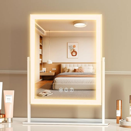 Vanity Mirror With Lights - 3 Color Lighting Modes, 10X Magnification, 360 Degree Rotation, LED Makeup Mirror for Bedroom - White