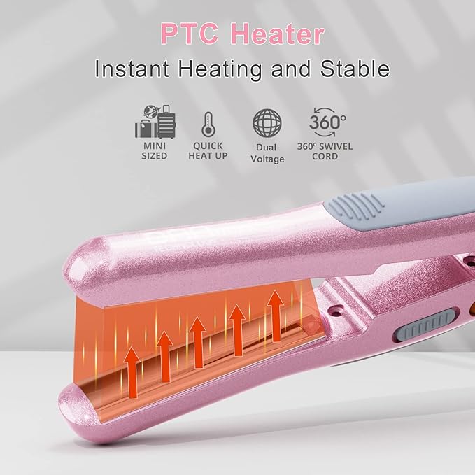 DAN Technology Hair Styling Set, Including Travel Hair Dryer, Mini Flat Iron, and Travel Curling Iron with European Plug, Dual Voltage, Portable Storage Bag, Pink