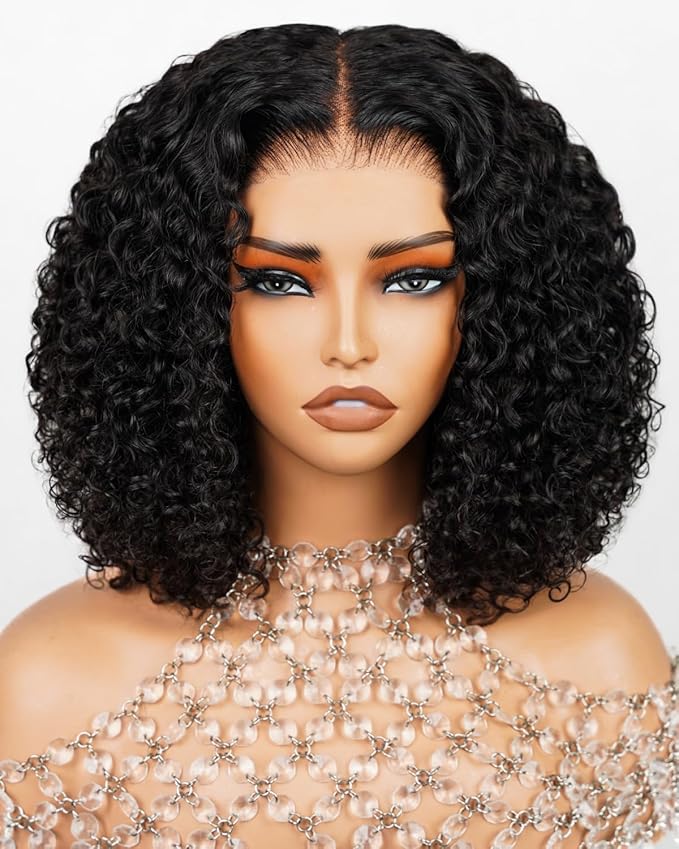 Arabella 5x6 Wear and Go Glueless Wigs Human Hair Deep Curly Bob Wig Lace Front Wig Human Hair 210% Density Pre-Cut Lace Wigs Pre Bleached Tiny Knots Bob Wig Human Hair(14inch, 5x6 Glueless Bob)