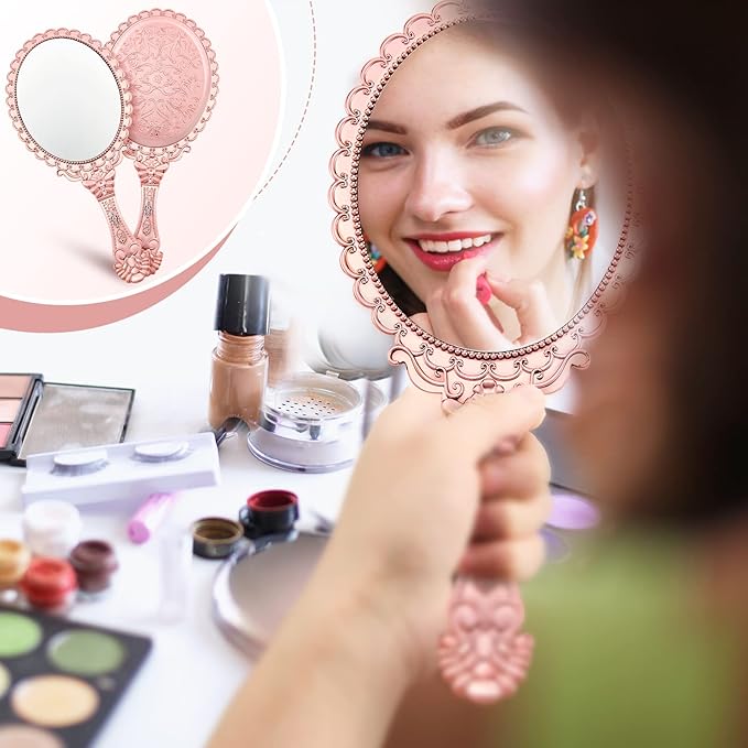 Qunclay 12 Pcs Vintage Handheld Mirror, 9.8" L x 4.5" W Small Rose Gold Embossed Portable Princess Mirror for Classroom Kids Princess Party Favors Travel