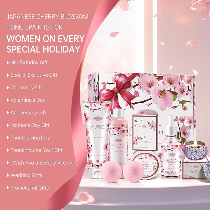 Bath and Body Gift Set for Women - Luxurious Home Spa Gift Set, Japanese Cherry Blossom Scented 7-Piece Set Including Shower Gel, Body Lotion, Bath Oil, Bath Salt, Soap, Bath Bombs, and Candle