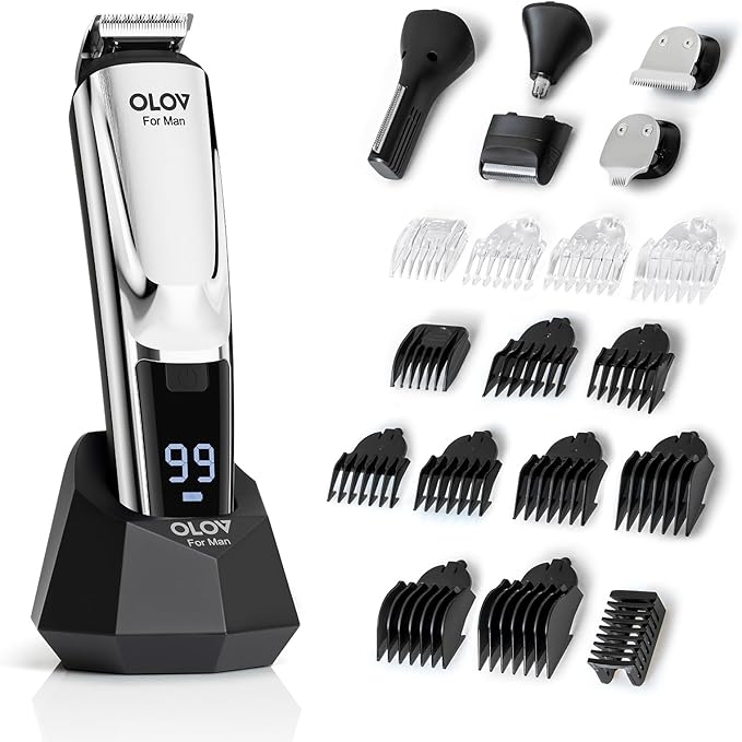 Beard Trimmer, 21 Piece Mens Grooming Kit for Beard & Mustache Trimming, Electric Shaver, Nose Hair Trimmer, Cordless Hair Clippers, Waterproof, Silver