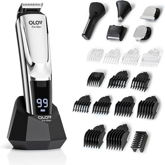 Beard Trimmer, 21 Piece Mens Grooming Kit for Beard & Mustache Trimming, Electric Shaver, Nose Hair Trimmer, Cordless Hair Clippers, Waterproof, Silver