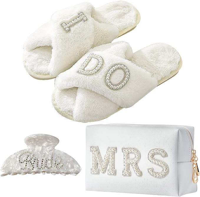 Bride To Be Gift Set - Makeup Bag, Slippers, Robe, Hair Clip - Wedding Gifts