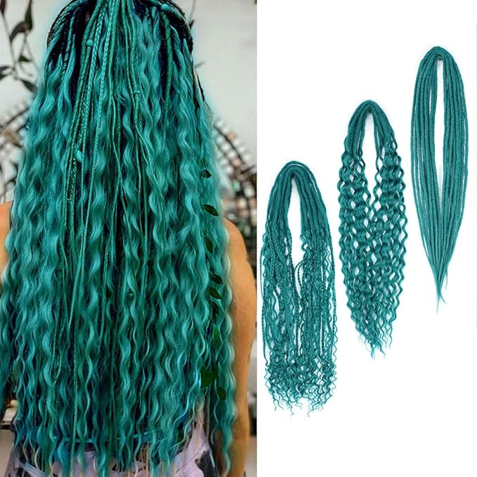 24 Inch Double Ended Dreadlock Extensions Sets, 20 Strands 3 In 1 Mixed Synthetic Dreads Extensions, Castleton Green Straight&Curly&Boho Handmade Dreads Hippie Style Dreadlocks for Woman
