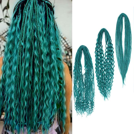 24 Inch Double Ended Dreadlock Extensions Sets, 20 Strands 3 In 1 Mixed Synthetic Dreads Extensions, Castleton Green Straight&Curly&Boho Handmade Dreads Hippie Style Dreadlocks for Woman