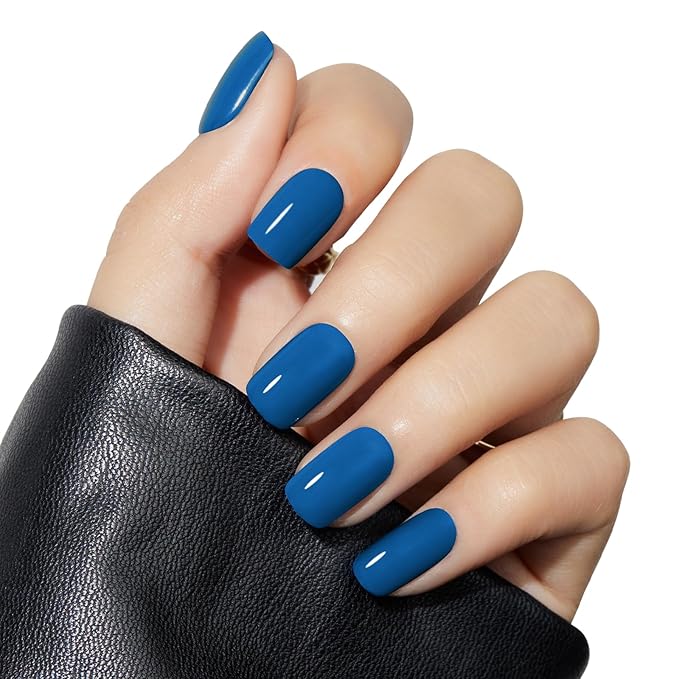 Modelones Blue Press on Nails, Spring Easter Short Square Fake Nails, Reusable Nail Kit with Nail Glue Adhesive Tabs Mini Nail File, Nails Press Ons 32Pcs 16 Sizes, Women Girl Gift