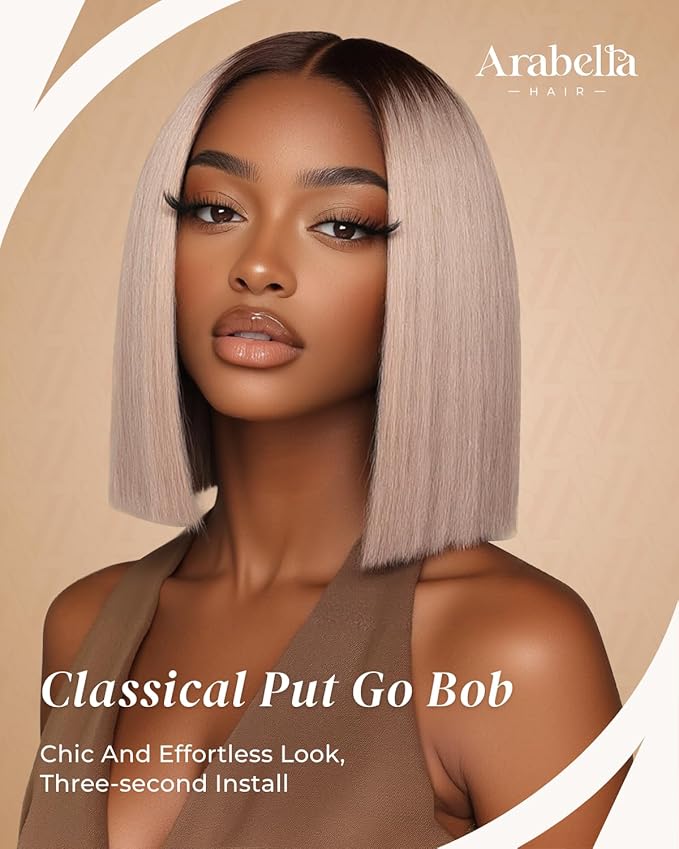 Arabella 20/Ash Blonde Bob Wig Human Hair 5x6 Wear and Go Glueless Wigs Human Hair 230% Density Ombre Straight Bob Wig Lace Front Wigs Pre Cut Lace Pre Bleached Knots(12inch, 5x6 Glueless Bob)