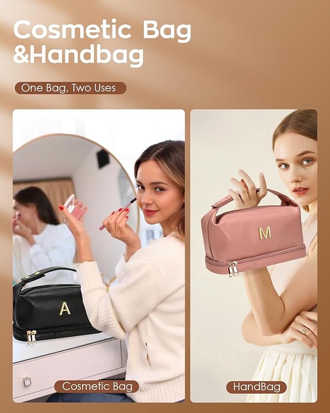 Travel Essentials, Personalized Makeup Bag with Handle, Initial Double Layer Cosmetic Bag with Makeup Brush Organizer, PU Leather Travel Toiletry Bag, Gifts for Friends Female Mom