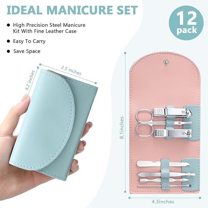 12 Set Manicure Set Bulk Mini Manicure Nail Clipper Kit 7 in 1 Stainless Steel Professional Nail Care Pedicure with Travel Portable Bag Grooming Kits for Women Men Home(Green)