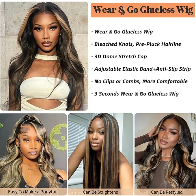 5x5 Wear and Go Glueless Wig Human Hair Pre Plucked Pre Cut FB/27 Honey Blonde Body Wave Lace Front Wigs Human Hair for Women 180% Density 22Inch