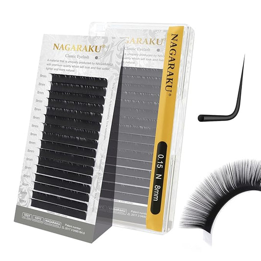 NAGARAKU Eyelash Extensions Individual Lashes Extensions Classic Lash Matte Black 16 Rows Soft Natural Matte Black Professional Beauty Salon Lashes Supplies - 0.15N 8mm