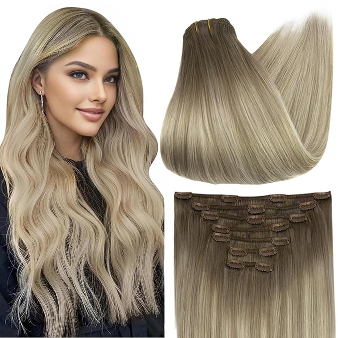 Full Shine Balayage Blonde Clip in Human Hair Extensions Short Clip in Hair Extensions for Women Grey to Light Ash Brown Mix Blonde 12 Inch 7 Pcs 95 G