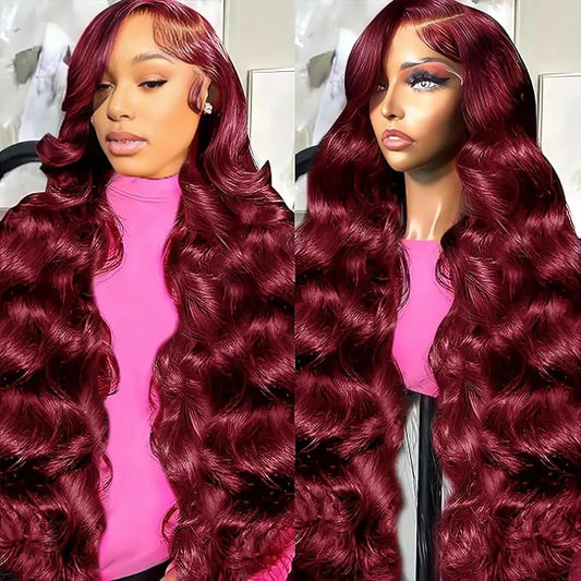 99j Burgundy Lace Front Wigs Human Hair 200% Density 13x6 Lace Front Wigs Human Hair 28 inch13x6 Body Wave Lace Front Wigs Human Hair Red Hair Wigs for Women