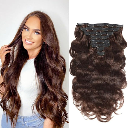 LUMIERE Clip In Hair Extensions Real Human Hair 120g Seamless Body Wave Clip In Extensions Black Women Double Wefts Dark Brown 8 Pcs With 20 Clips #2 24 Inch