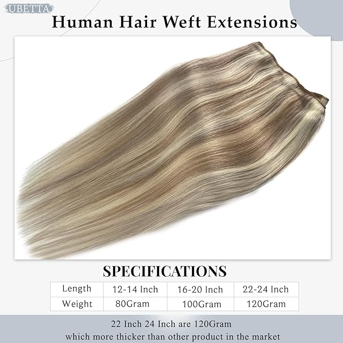 Sew in Hair Extensions Real Human Hair,Ubetta Hand Tied Weft Hair Extensions Human Hair Ash Brown Balayage Platinum Blonde Shades 12 Inch 80G Human Hair Weft Extensions Sew in Weave Bundles