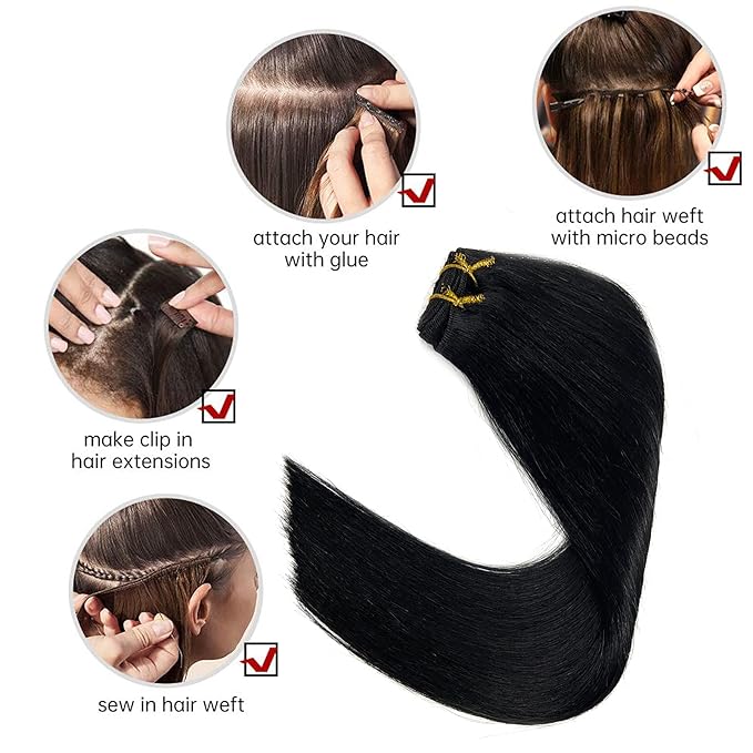 Sew in Weft Hair Extensions Real Human Hair,Jet Black Hair Extensions Real Human Hair Weave Bundles,18 Inch 100G Hand Tied Weft Hair Extensions Human Hair, Sew in Bundles Human Hair Weft