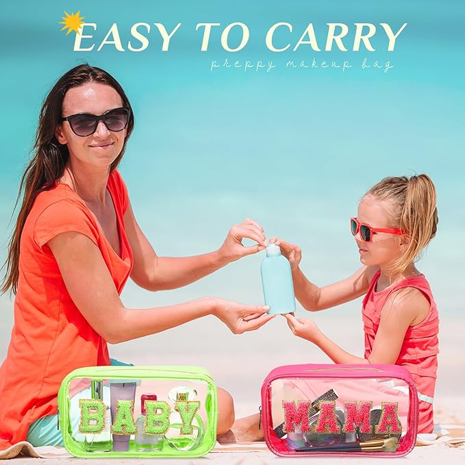 4 Pcs Mama and Baby Toiletry Bag Clear Chenille Letter Pouch Snacks Makeup Stuff Travel Diaper Bag Preppy Transparent Pouch with Zipper for Women Gift(Fluorescent Color)