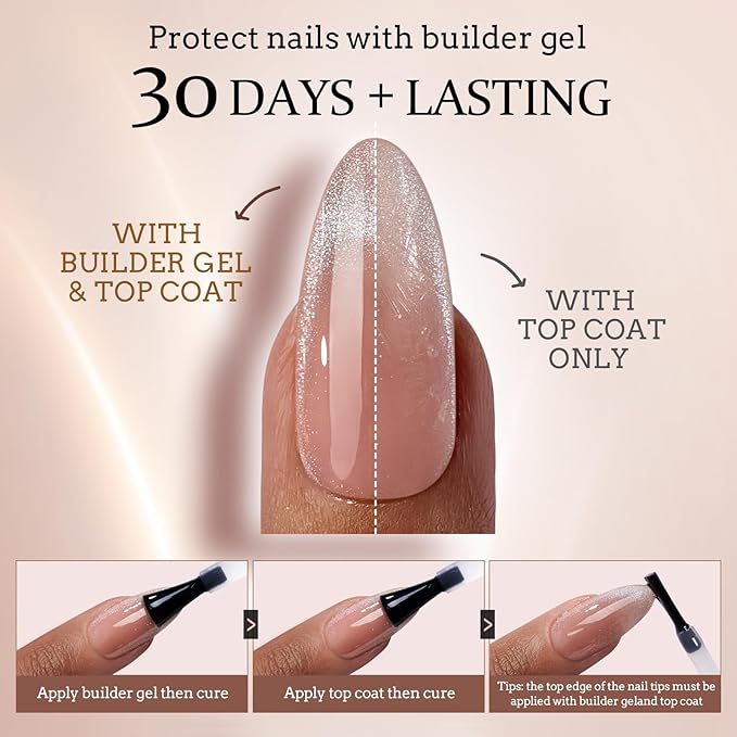 BTArtboxnails XCOATTIPS Long Coffin French Tip Cat Eye Press On Nails with Builder Gel and Mini Nail Lamp Set