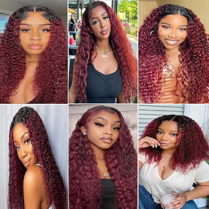 Ombre Burgundy Human Hair Water Curly Weave Bundles 1B99j Curly Bundles Black to Burgundy two tone Brazilian Human Hair Wet and Wavy for Women 24 26 28 Inch