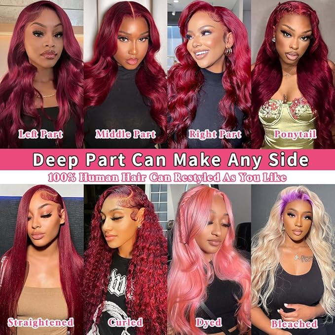AIRDOT 99J Burgundy Lace Front Wigs Human Hair 26 Inch Red Burgundy Wig Human Hair 13x6 HD Body Wave Lace Front Wigs Human Hair 180% Density Pre Plucked Frontal Human Hair Wigs for Women