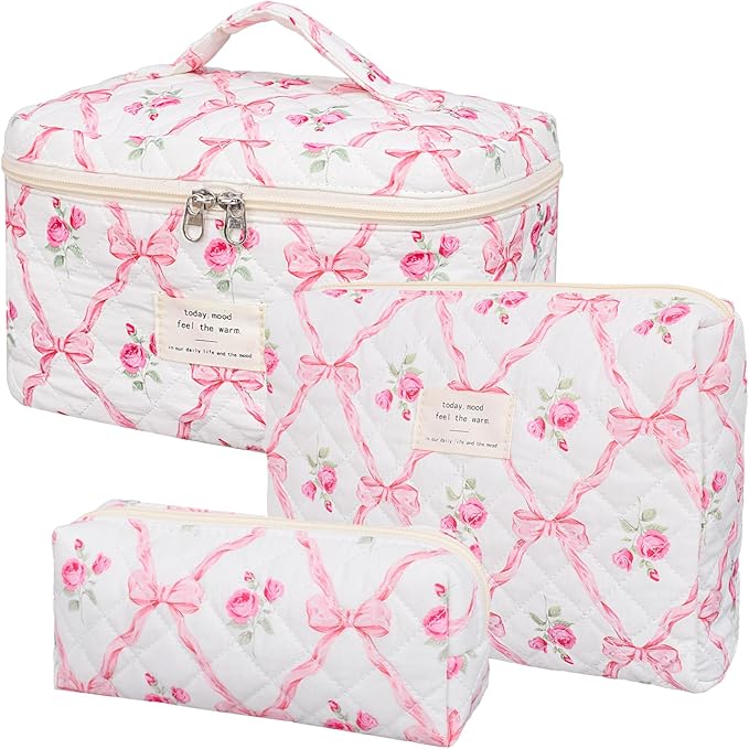 Quilted Makeup Bag,Large Cosmetics Bag Set,Cotton Coquette Floral Make up Pouch,Travel Toiletry Bag for Women