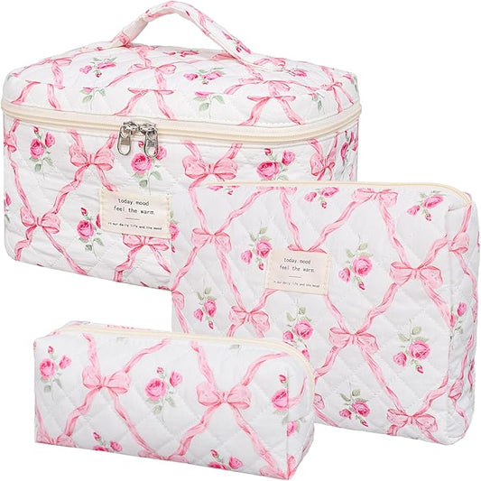 Quilted Makeup Bag,Large Cosmetics Bag Set,Cotton Coquette Floral Make up Pouch,Travel Toiletry Bag for Women