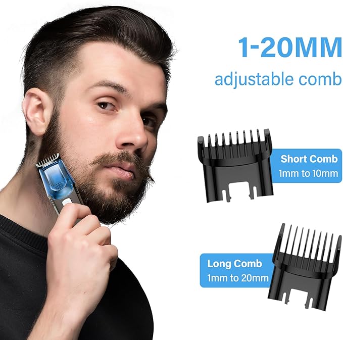 Electric Beard Trimmer for Men, Vacuum Beard Trimmer, 20 Length and Style Settings with Adjustable Length Comb (1-20mm) Mustache Trimmer, Washable, Removable Blades - Blue