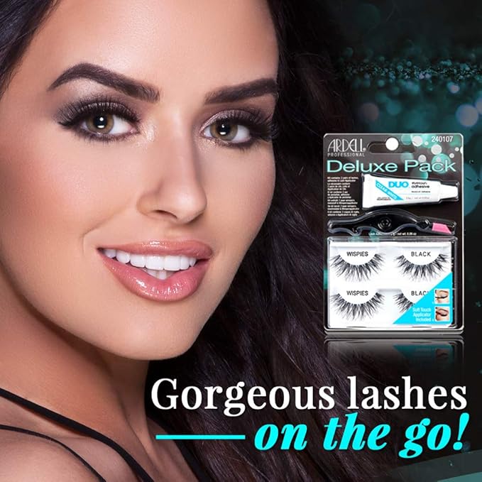 Ardell False Eyelashes Deluxe Pack Kit Wispies - Black, Includes Lash Adhesive and Applicator, Natural-Looking Volume Lashes, 4 Pack