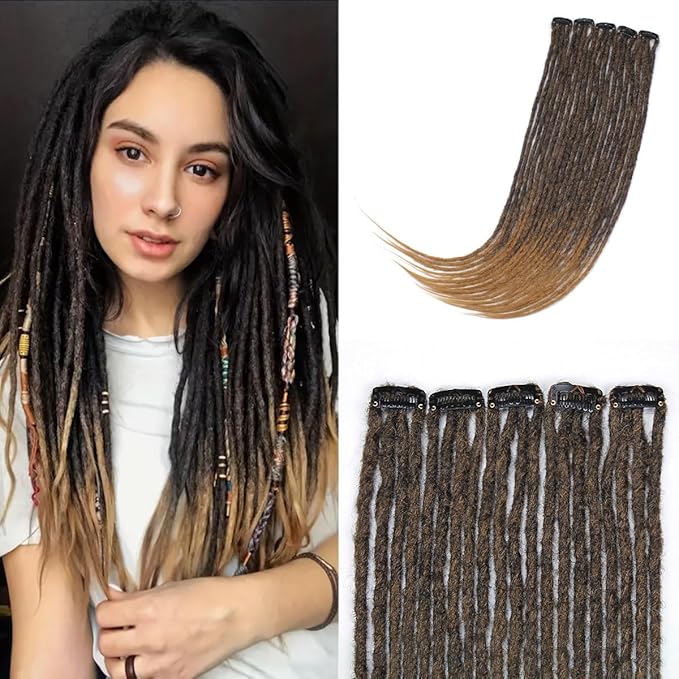 Ombre Brown 5 Clips-In Dreadlock Extensions for Women, Clip-In Synthetic Dreadlock Hair Extensions with 10 pcs Double Ended Dreads Attached …
